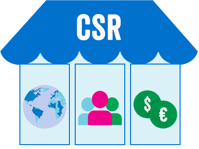 Icon: Ein Haus, wo beim Dach CSR drauf steht und darunter drei Säulen mit Icons für Ökologische, soziale und ökonomische Verantwortung