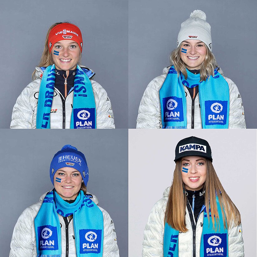 Unterstützen Plan International: Die Deutsche Skisprung-Nationalmannschaft mit Katharina Althaus, Anna Rupprecht, Carina Vogt und Juliane Seyfarth. Unterstützen Plan International: Die Deutsche Skisprung-Nationalmannschaft mit Katharina Althaus, Anna Rupprecht, Carina Vogt und Juliane Seyfarth.