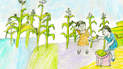 In dieser Zeichnung arbeiten die Kinder auf einem Kornfeld in Nepal.