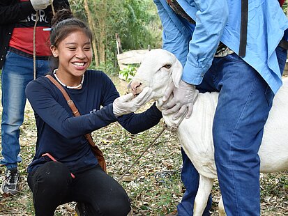 Eine junge Frau streichelt ein geschorenes Schaf