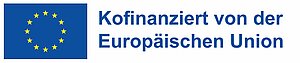Blaues Rechteck mit gelbem Sternenkranz und dem Schriftzug „Finanziert von der Europäischen Union“.