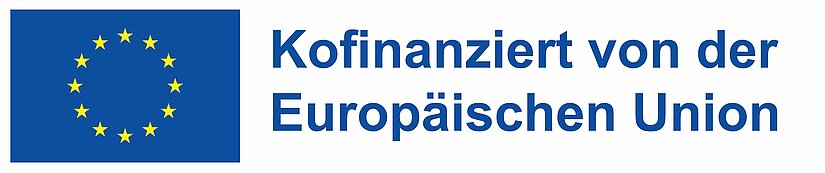 Blaues Rechteck mit gelbem Sternenkranz und dem Schriftzug „Finanziert von der Europäischen Union“.