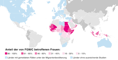 Anteil der von FGM/C betroffenen Frauen. Quellen: FORWARD (Foundation for Women’s Health Research and Development), Stratégies concertées de MGF)