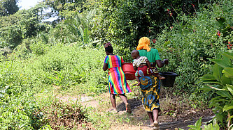 Zwei liberische Frauen laufen mit Wassereimern auf dem Kopf durch den Wald. Eine von ihnen trägt ein Kind auf dem Rücken
