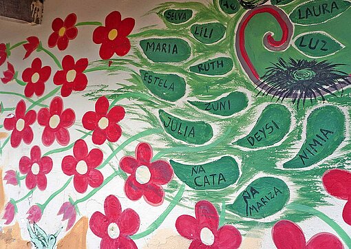 Bunte gemalte Blumen an einer Hauswand