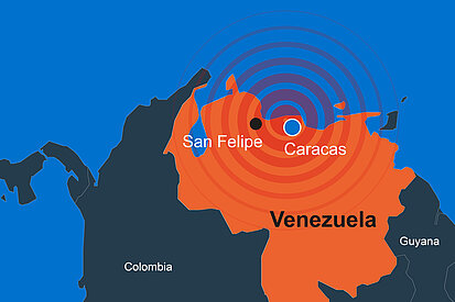 Eine Karte, die Venezuela und die umliegenden Länder zeigt. Caracas und San Felipe sind markiert, wobei konzentrische Kreise den Fokus eines Ereignisses, wie ein Erdbeben, hervorheben.