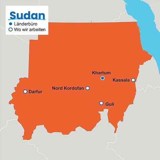 Grafik: Landkarte von Sudan mit den Programmgebieten von Plan International