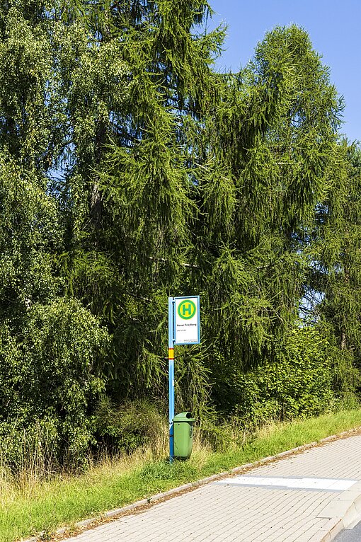 Blick auf eine Haltestelle im Grünen