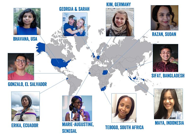 Weltkarte mit 10 Fotos der Global Young Influencer.