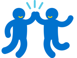 Icon von zwei Personen, die springen und sich dabei in die Hände klatschen. Es steht für Unterstützung und Teamwork.