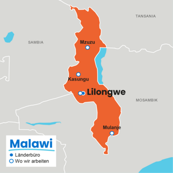 Karte von Malawi mit Projektregionen von Plan International: Lilongwe (Länderbüro), Mzuzu, Kasungu und Mulanje.