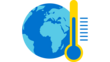 Icon einer Weltkugel mit einem Thermometer daneben. Es steht für Erderwärmung.