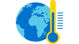 Icon einer Weltkugel mit einem Thermometer daneben. Es steht für Erderwärmung.