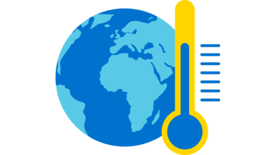 Weltkugel mit Breiten- und Längengraden und Thermometer davor