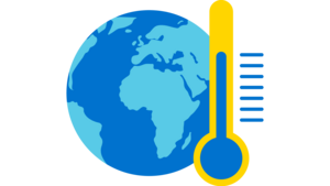 Icon einer Weltkugel mit einem Thermometer daneben. Es steht für Erderwärmung.