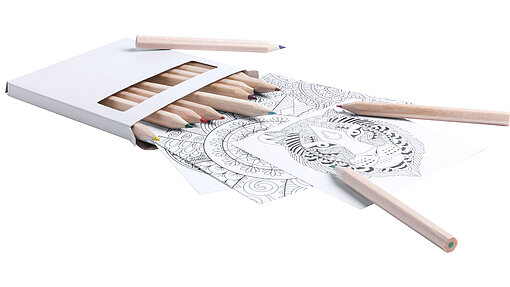 12 Mandalakarten und 12 Buntstifte in einer Schachtel Schachtel mit Buntstiften und aufgefächerten Postkarten mit Mandalamotiven zum Ausmalen