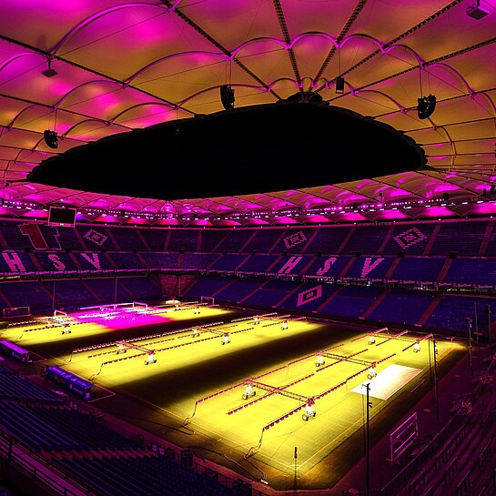 pink beleuchtetes HSV-Fußballstadion von innen