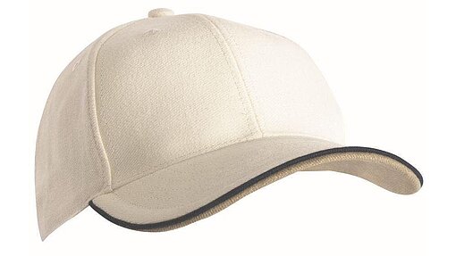 10090 Cap, groß Ecrufarbende Cap mit blauer Kontrastborte am Schirm.