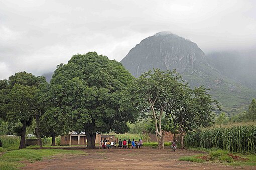 Wälder und Berge prägen Malawi Ein Dorf vor einem großen Berg im Wald