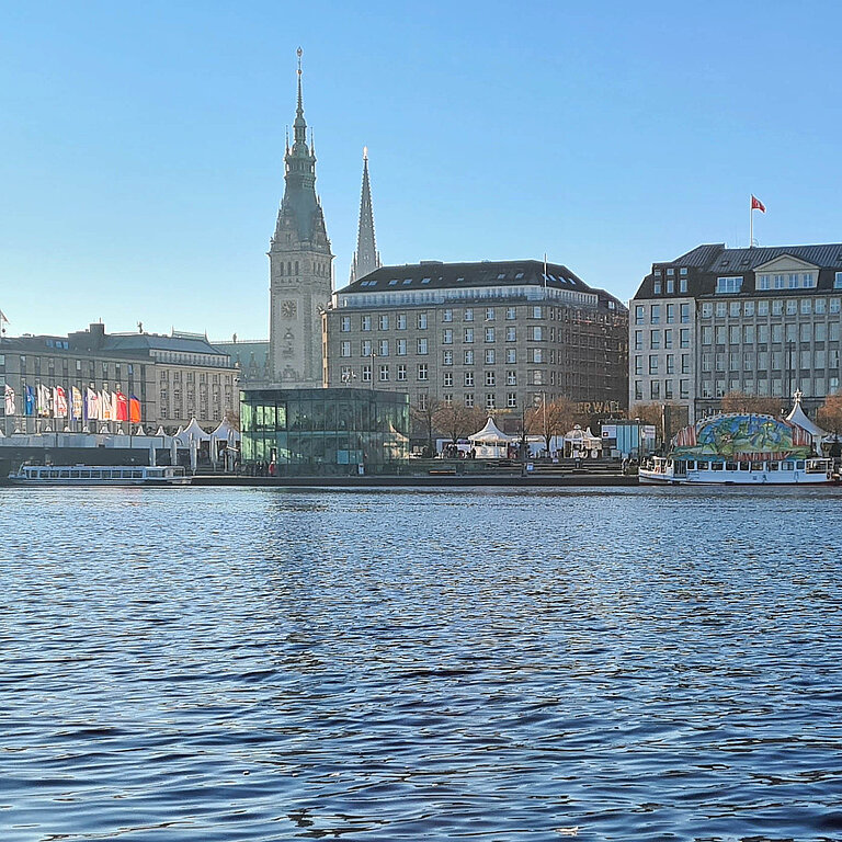 Blick auf die Hamburger Innenstadt mit Rathaus sowie Binnenalster, auf der mehrere Ausflugsschiffe zu sehen sind