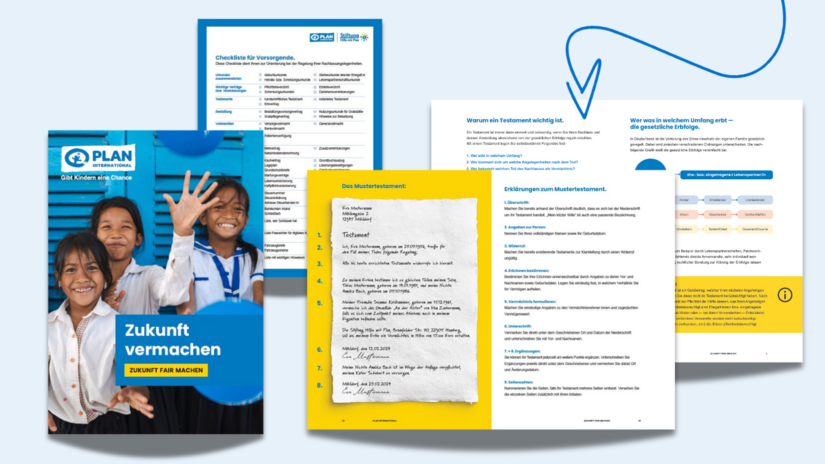 Der Testament-Ratgeber ist abgebildet. In der Frontansicht ist ein Bild von lächelnden Mädchen zu sehen und die Aufschrift "Zukunft vermachen". Außerdem sind Ausschnitte der Innenseiten abgebildet, die ein Beispieltestament und weitere Informationen in Textform enthalten. 