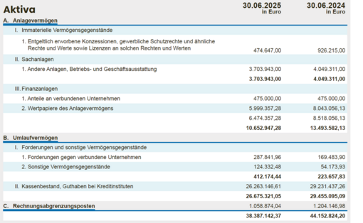 Eine Grafik zeigt die Positionen der Aktiva 2025