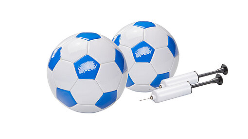 Fußball, 2er Set, Bälle im blau weiß, 2 Pumpen