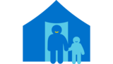 Icon einer Person mit einem Kind an der Hand, die vor einem Zelt stehen.