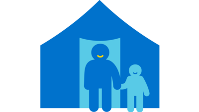 Icon einer Person mit einem Kind an der Hand, die vor einem Zelt stehen.