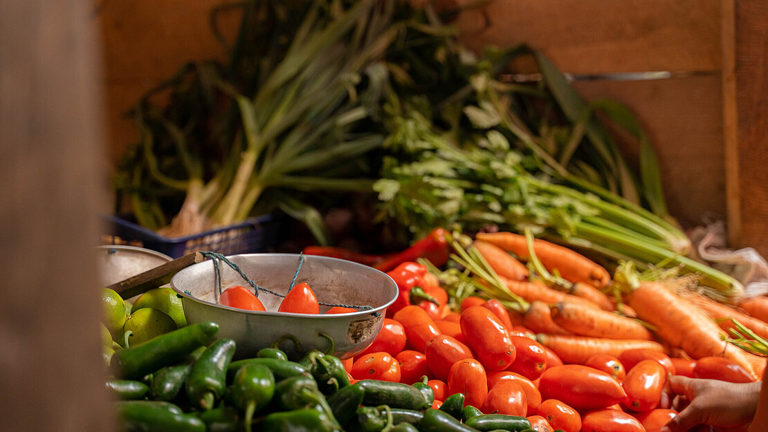 Tomaten, Karotten, Chiles und anderes Gemüse liegt auf einem Marktstand