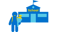 Icon von einem Kind, das einen Rucksack und eine Schultüte trägt und vor einer Schule steht.