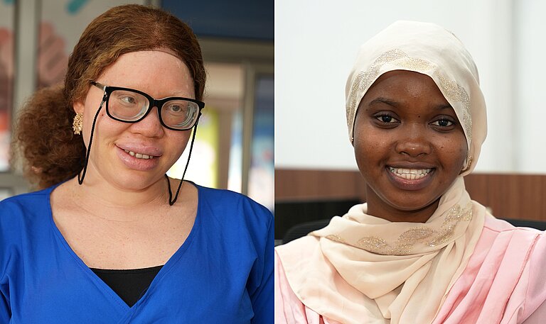 Zwei nebeneinander angeordnete Porträtaufnahmen zeigen Baratou und Madelaine aus Guinea. Beide jungen Frauen setzen sich auf unterschiedliche Weise mit dem Thema Genitalverstümmelung auseinander.