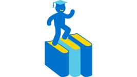 Icon einer Person, die eine Treppe aus Büchern hinaufsteigt und einen Doktorhut trägt. Es steht für unseren Wirkungsbereich zur politischen Teilhabe.