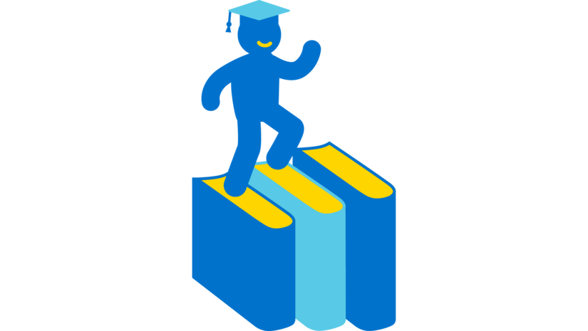 Icon einer Person, die eine Treppe aus Büchern hinaufsteigt und einen Doktorhut trägt. Es steht für unseren Wirkungsbereich zur politischen Teilhabe.