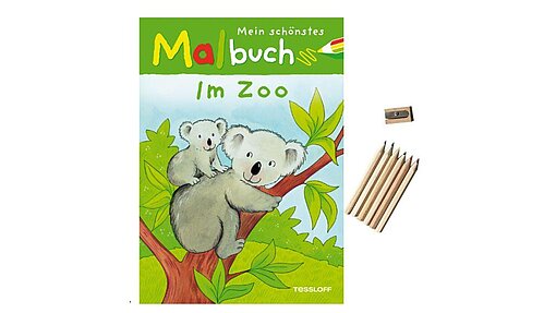 10164 Malbuch-Set Malbuch mit Koala Motiv, daneben liegen Stifte und Anspitzer.