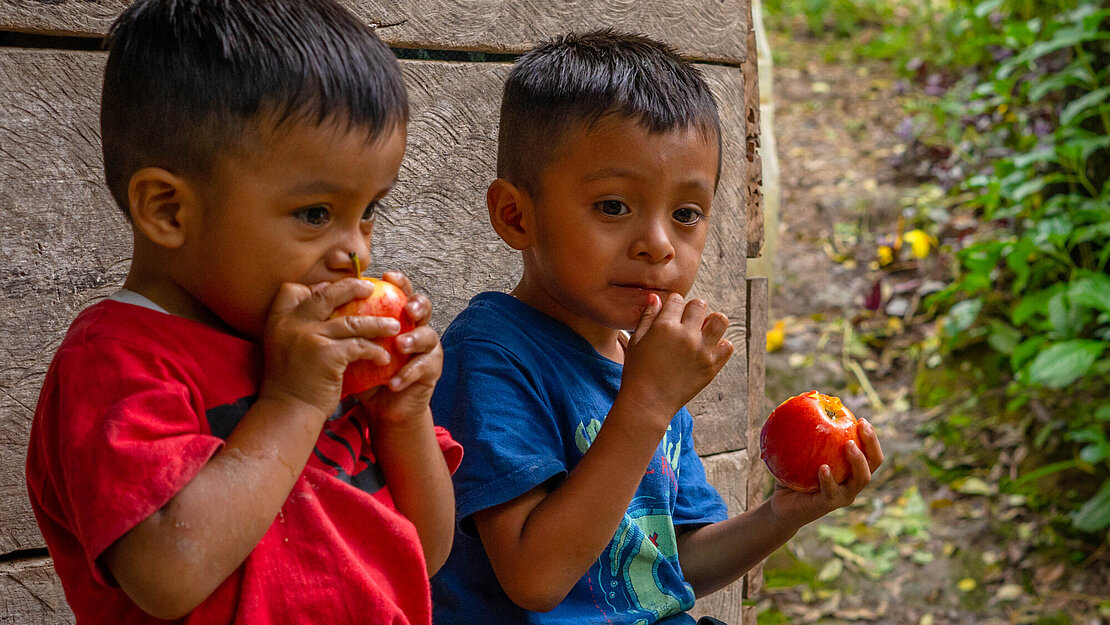 Zwei Jungen sitzen auf einer Bank und essen Äpfel