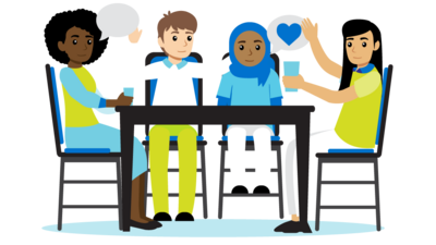 Politische Bildung Icon: Kinder sitzen am Tisch und disktutieren