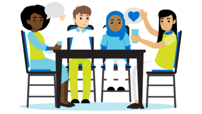 Warum ist eine NGO wichtig? Icon: Eine Gruppe von Kindern sitzt an einem Tisch und diskutiert