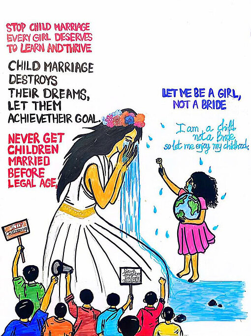 Ein Kunstwerk, auf dem schriftliche Parolen gegen Kinderheirat stehen und in der Mitte sitzt ein Mädchen in einem Brautkleid, das weint