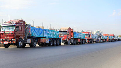 Mehrere LKW stehen aufgereiht in einer Schlage hintereinander auf einer Straße.