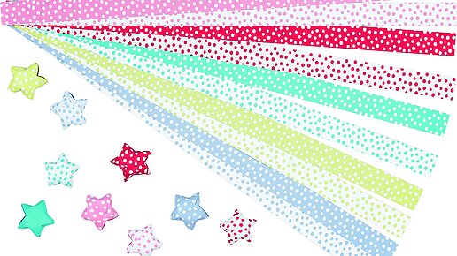Mit Papierstreifen Pünktchenmuster in unterschiedlichen Farben aufgefächert. Davor liegen kleine Fröbelsterne.