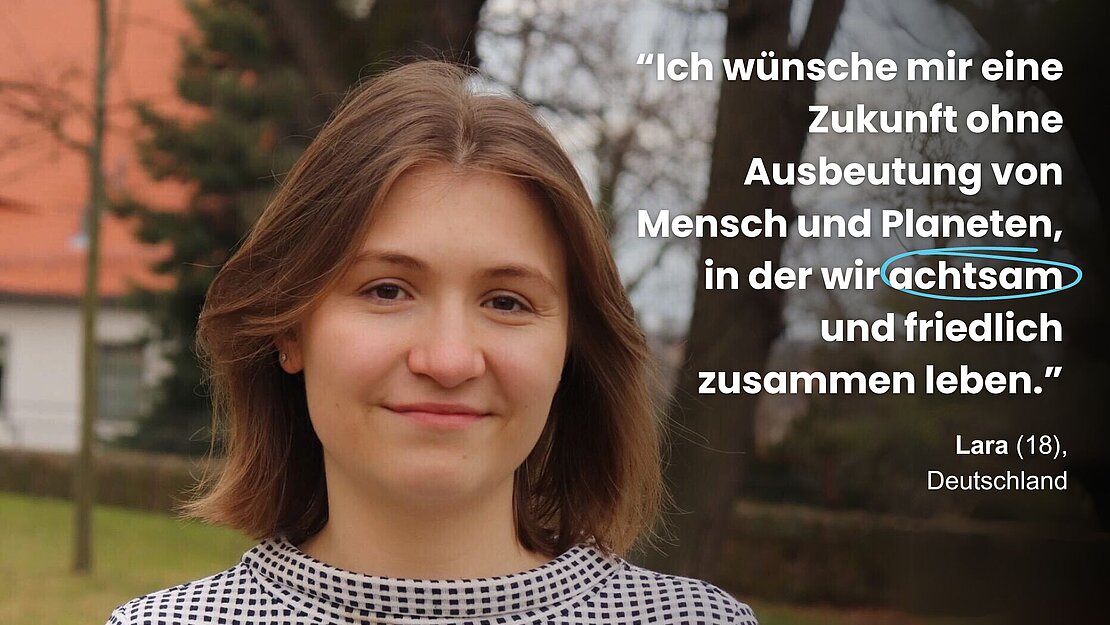 Lara (18), Mitglied des Jugendbeirates von Plan International Deutschland Foto von Lara aus dem Plan-Jugendbeirat und daneben ein Text mit ihrem Zitat