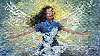 Gemälde eines jungen Mädchens, dass bis zur Hüfte ein Brautkleid trägt und darüber eine Schuluniform. Es hat die Arme ausgebreitet und schwebt nach oben, als würde es aus dem Brautkleid hinausbrechen