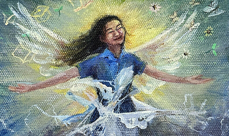 Gemälde eines jungen Mädchens, dass bis zur Hüfte ein Brautkleid trägt und darüber eine Schuluniform. Es hat die Arme ausgebreitet und schwebt nach oben, als würde es aus dem Brautkleid hinausbrechen