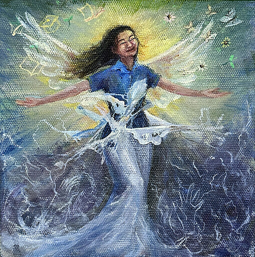 Gemälde eines jungen Mädchens, dass bis zur Hüfte ein Brautkleid trägt und darüber eine Schuluniform. Es hat die Arme ausgebreitet und schwebt nach oben, als würde es aus dem Brautkleid hinausbrechen