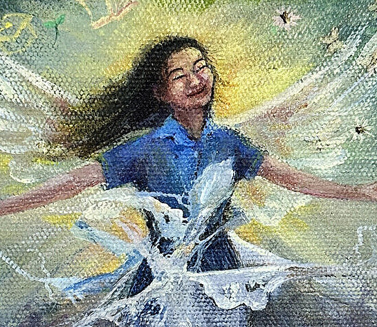 Gemälde eines jungen Mädchens, dass bis zur Hüfte ein Brautkleid trägt und darüber eine Schuluniform. Es hat die Arme ausgebreitet und schwebt nach oben, als würde es aus dem Brautkleid hinausbrechen