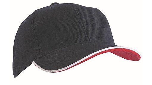 Base Cap gross Dunkelblaue Cap mit weißer Kontrastbiese an Schirmkante. Die Unterseite des Schirms ist rot.