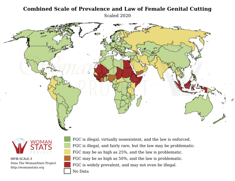 Verbreitung von Mädchenbeschneidung auf der Welt in einer Karte.