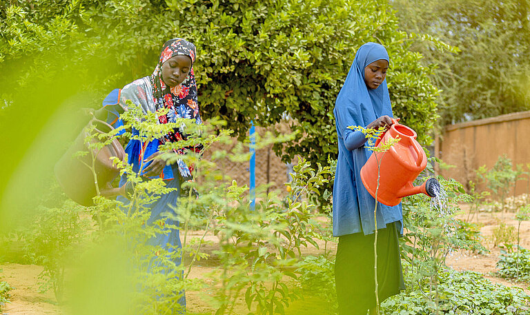 Mädchen in Niger füllen Wasser in den Garten