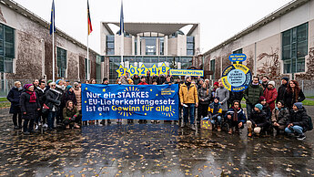 Eine Gruppe Menschen steht um ein Banner, auf dem steht "Nur ein starkes EU-Lieferkettengesetz ist ein Gewinn für alle!"